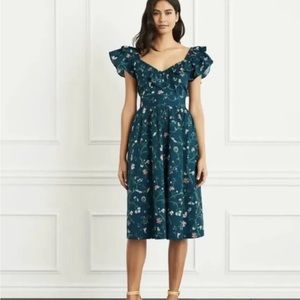 Hill House Teal Floral Midi Dress with Ruffle Shoulders